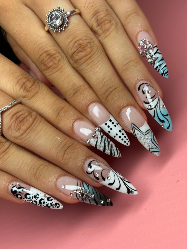 y2k inspired blue black and white Gel-X nails